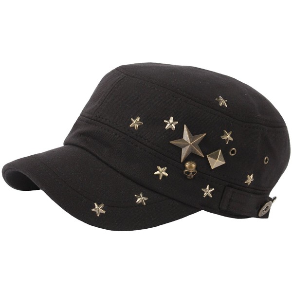 RaOn A173 Skull Devil Star Metal Stud Fashion Punk Club Army Cap Cadet Military Hat - Black - CP182GZQZL9