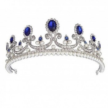 Wiipu Luxury Blue Crystal Rhinestone Bridal Tiara Princess Pearls Crown Wedding Prom Headband(A1071) - CL185L52TKY