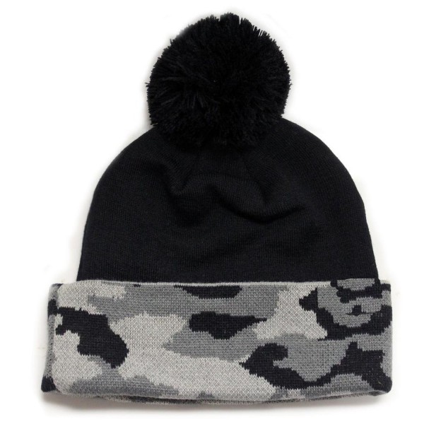 City Hunter Camo Pattern Long Cuffed Pom Beanie - Black/Grey Camo No Logo - CZ127S56NEX