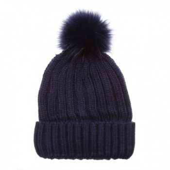 MIRMARU Winter Ribbed Knitted Skull Cap Cuff Beanie Hat with Faux Fuzzy Fur Pom Pom - Navy - CA186NK8QZC