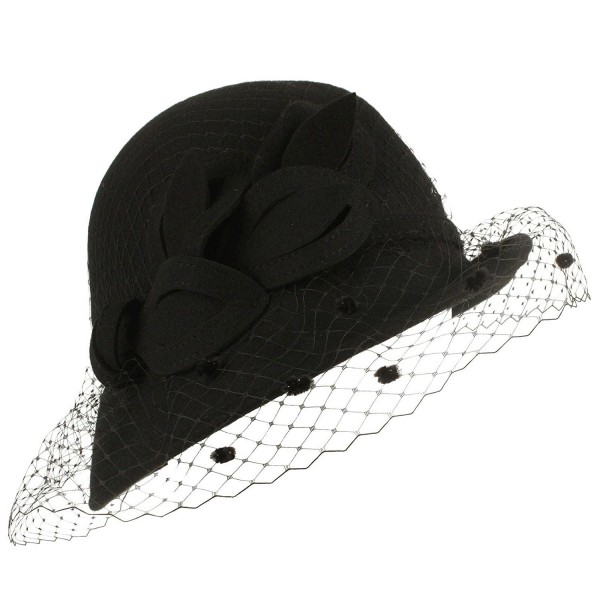 Winter Wool Elegant Fishnet Veil Floral Cloche Bell Bucket Church Hat - Black - CT1266GC7SB