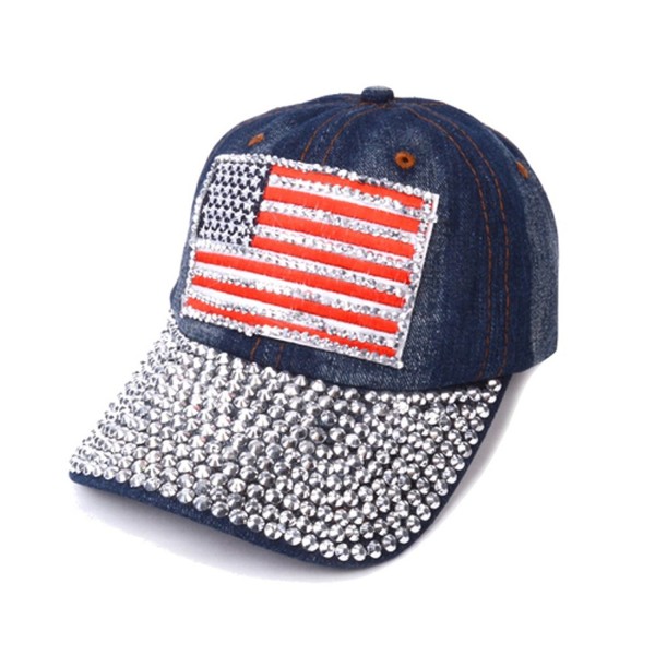 Nollia Ladies Bling American Flag Rhinestones Faded Denim Adjustable Baseball Hat - C012FJKQRHH