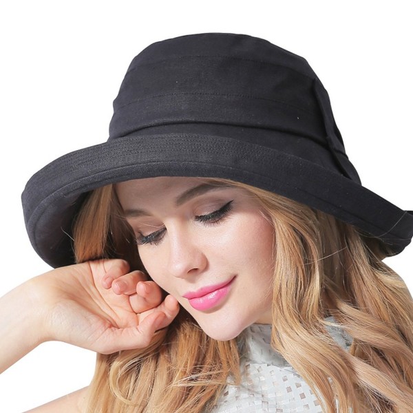 Women's UPF 50+ Foldable Linen Hat Big Brim with Big Bowknot - Black ...