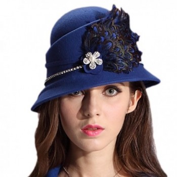 June's Young Women Winter Wool Felt Hats Chapeau Fedora Feather - Blue - CY11RUFGSXN