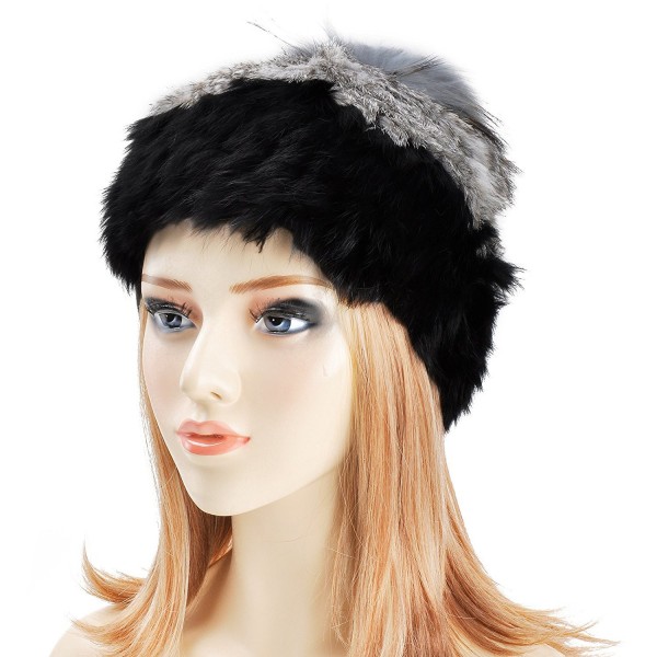 ZLYC Women Two Tones Luxurious Rex Rabbit Fur Knitted Hat Cossack Beanie with Fur Pom - Gray - C311QAFV2JN