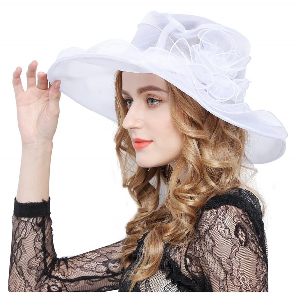 Lovful Womens Kentucky Sun Hat Flower Fascinator Wide Brim Tea Party Wedding Gauze Hat - White - C917YDGZ8LO