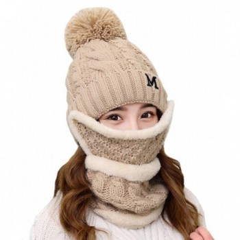 Calion Winter Knit Pom Slouchy Beanie Hat & Scarf & Mask Set For Women 3 Pieces - 13 Taupe - CH188U9XGL2