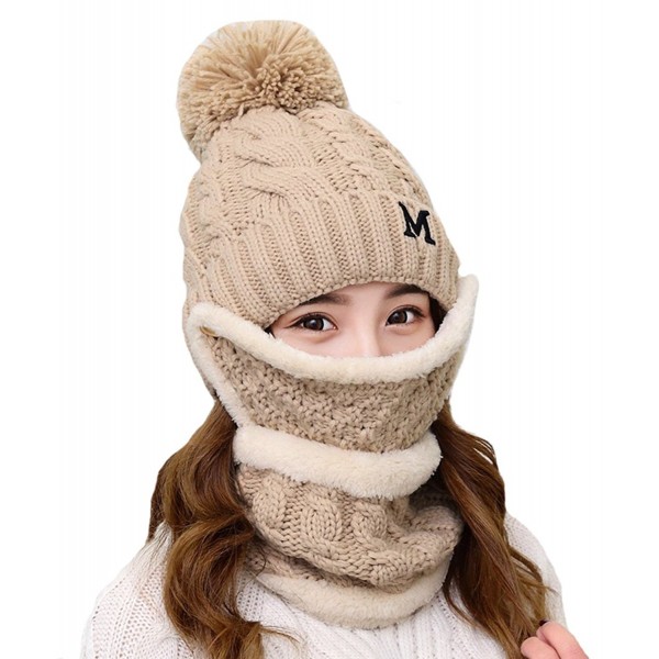 Calion Winter Knit Pom Slouchy Beanie Hat & Scarf & Mask Set For Women 3 Pieces - 13 Taupe - CH188U9XGL2