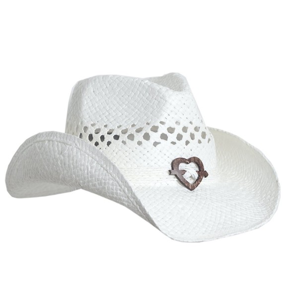 Boho Hip Cowboy Hat with Heart Concho- Natural Toyo Straw- Shapeable Brim - White - C311KLPTJ35