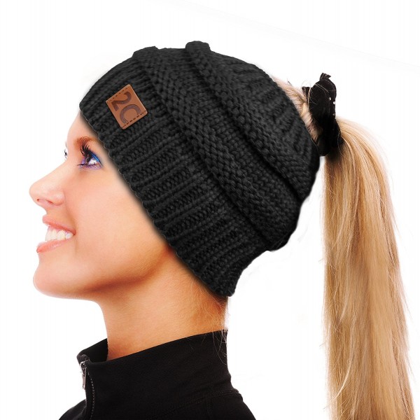 2C Messy Bun Beanie Stretchy Cable Knit Hat Soft Warm Winter Cap - Black - CN1896QUO0U