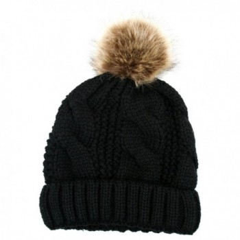 ANGELA & WILLIAM Women's Thick Cable Knit Beanie Hat With Soft Fur Pom Pom - Black - CA126H24C2X