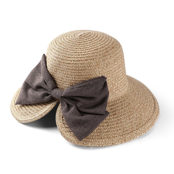 Womens Light Weight Bow Bucket Straw Sun Hat - Beige - CC183KLT5HS