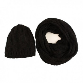 Ladies 2pc Winter Chunky Thick Knit Beanie Skull Hat Infinity Scarf Set Black - CG11P5EI7FN