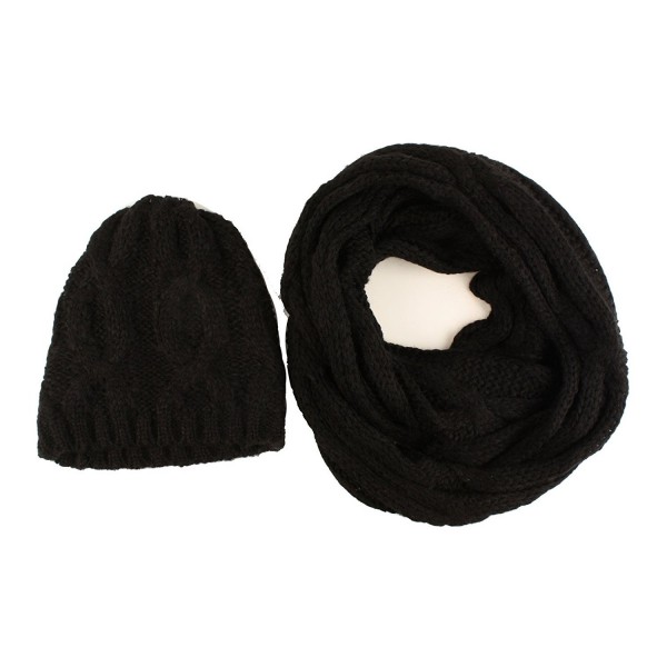Ladies 2pc Winter Chunky Thick Knit Beanie Skull Hat Infinity Scarf Set Black - CG11P5EI7FN
