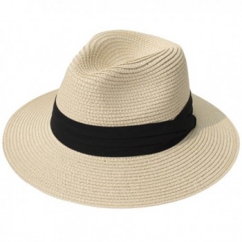 Lanzom Women Wide Brim Straw Panama Roll up Hat Fedora Beach Sun Hat UPF50+ - Khaki - C517YZZT23D