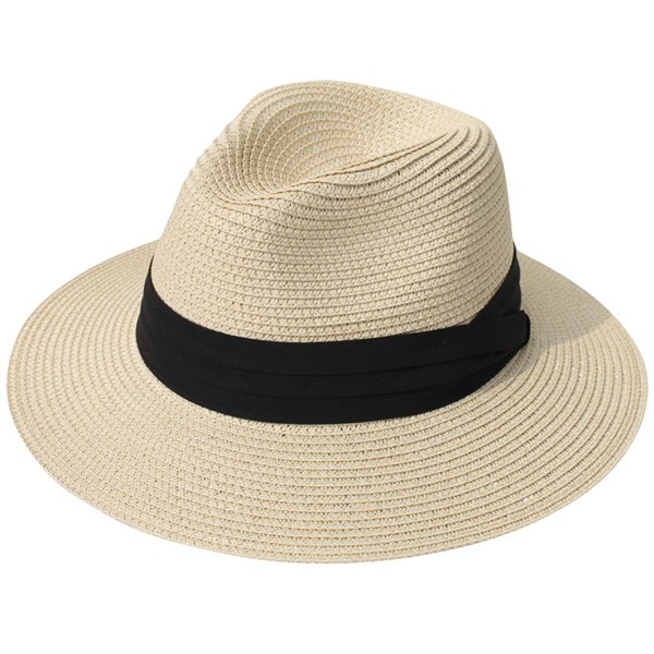 Lanzom Women Wide Brim Straw Panama Roll up Hat Fedora Beach Sun Hat UPF50+ - Khaki - C517YZZT23D