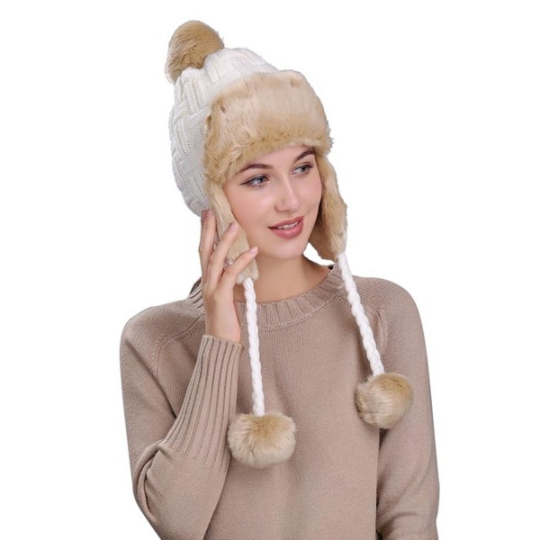 Highpot Warm Women Knit Peruvian Beanie Wool Hat Winter Ski Cap with Ear Flaps - White - CG187Q6AOU7