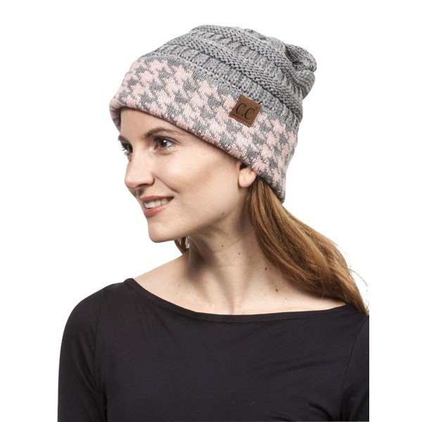 Gravity Threads Houndstooth Cuff Knit Beanie - Grey/Pink - CF1875UN508