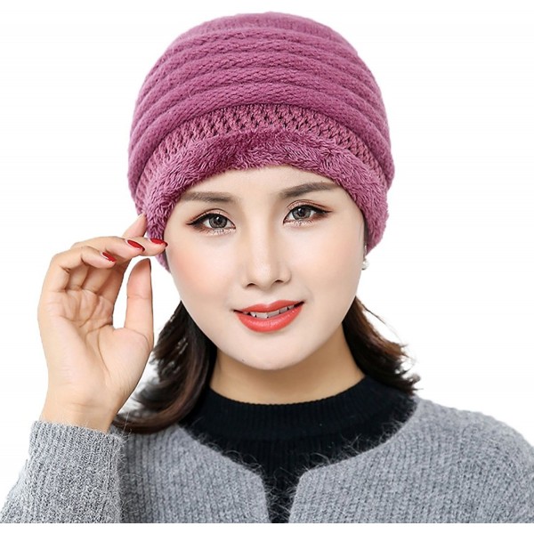 Ababalaya Women's Winter Warm Faux Rabbit Fur Knit Slouchy Cap Wool Beanie Skull Cap - Fuchsia - C3188L5573U