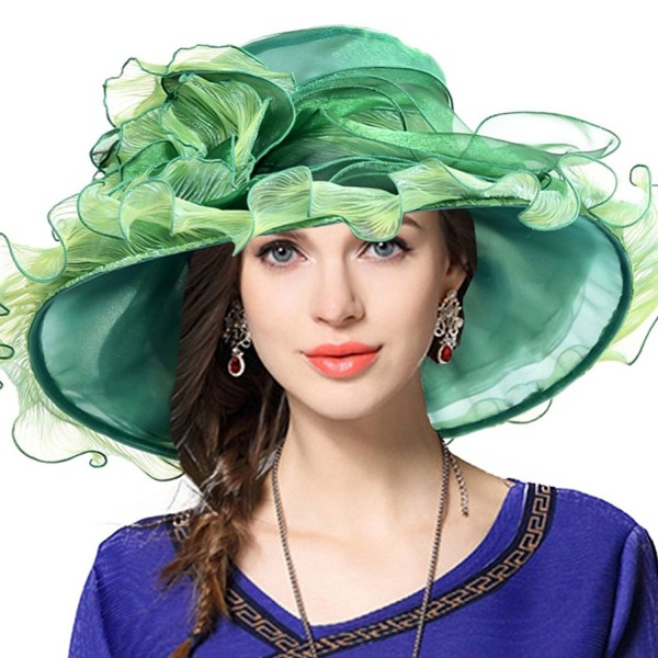 VECRY Kentucky Derby Hat Wide Brim Flounce Cocktail Tea Party Bridal Dress Church Hat - Ruffle-green - CZ17Y4AED58