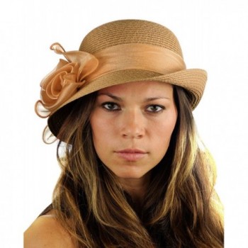 NYFASHION101 Satin Ribbon Triple Rose Band Side Flip Brim Cloche Bucket Hat - Coffee - CW12FL5IHWN