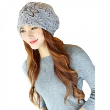 Qunson Womens Lace Flower Beanie Hat Cap Turban - Grey - C5126JIJ78T