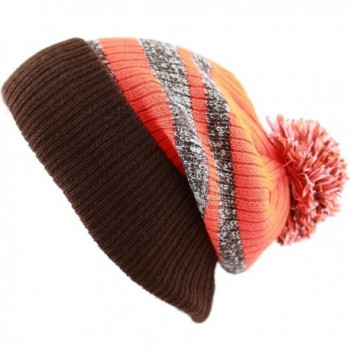 THE HAT DEPOT Winter Striped Cuffed Pom Pom Knit Soft Thick Beanie Skully Hat - Brown-orange - CW12N81WY9M