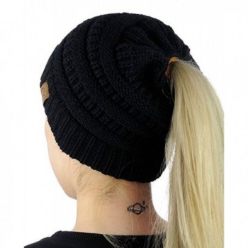 CitiSpace CC Ponytail Stretchy Soft Cable Knit Beanie Hat and Warm Slouchy Skully - Black - C81806WYKE8