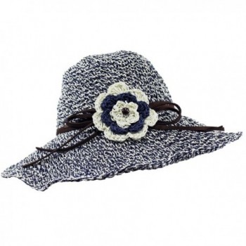 Funky Junque's UPF 50+ Adjustable Floppy Woven Crochet Straw Sun Hat w/ Flower - Navy - CX12EPJO3MT