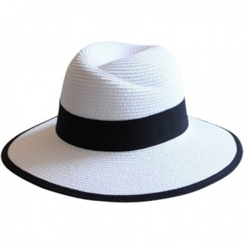 Lanzom UPF50+ Women Wide Brim Straw Panama Hat Fedora Foldable Beach Sun Hat - Style B-white - C11806E2R7R