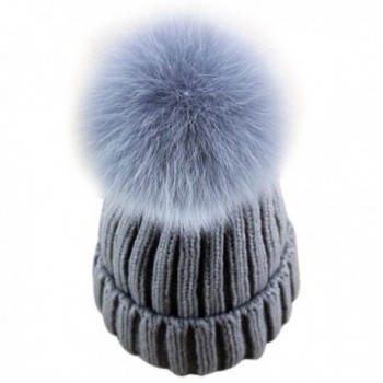 Dikoaina Womens Girls Knitted Fur Hat Real Large Silver Fox Fur Pom Pom Beanie Hats - Grey With Grey Pom - CL12NTJNEV4