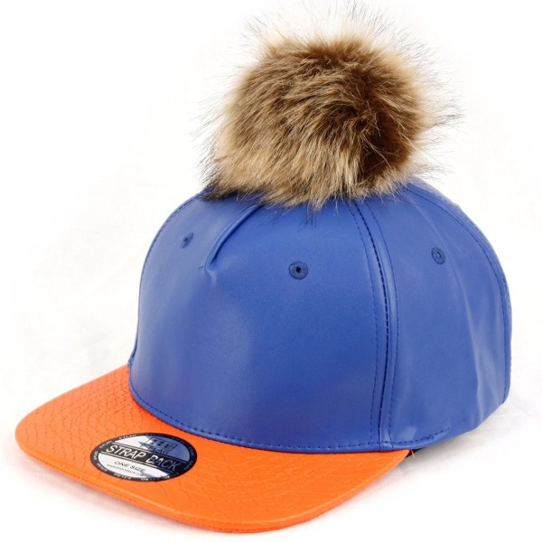 Faux Leather Fur Pom Pom Baseball Cap Strap Back - Royal/Orange - CG129S7ZMP5