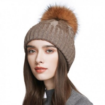 Women's Wool Knitted Pom Pom Beanie Cap Winter Crochet Cotton Hat - Brown - CG1876T482R