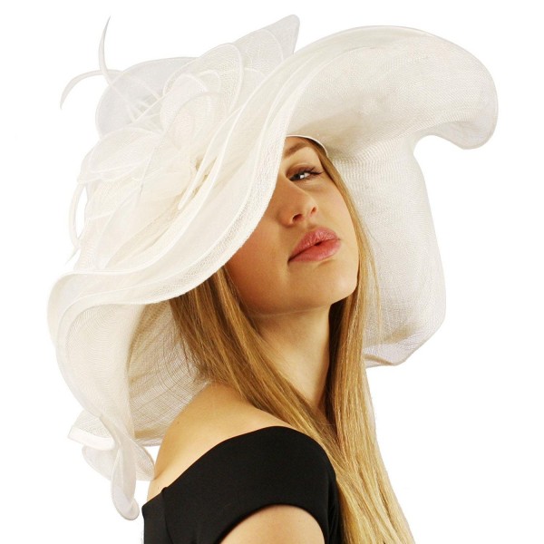 Summer Kentucky Derby Wide 6"+ Brim Layers Floppy Feathers Net Floral Hat - White - CU11JHWI7BD