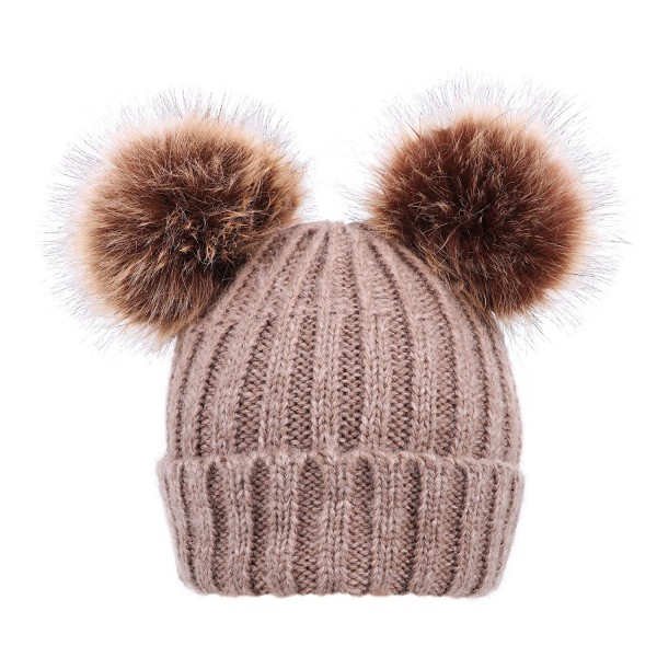 ARCTIC Paw Cable Knit Beanie With Faux Fur Pompom Ears - Khaki Hat Coffee Ball Beige Lining - C3182SEQZEI