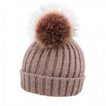Cable Knit Beanie With Faux Fur Pompom Ears - Khaki Hat Coffee Ball ...