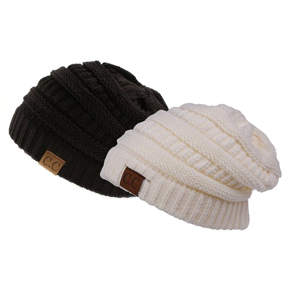 Trendy Warm Chunky Soft Stretch Cable Knit Slouchy Beanie Skully- Gift Set-Black & Ivory- One Size - CW11PW1Y6NL