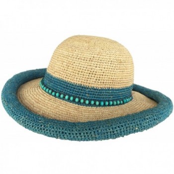 Headchange Women's Rolled Kettle Brim Crochet Raffia Straw Sun Hat - Turquoise - CD17Z5ZI53G