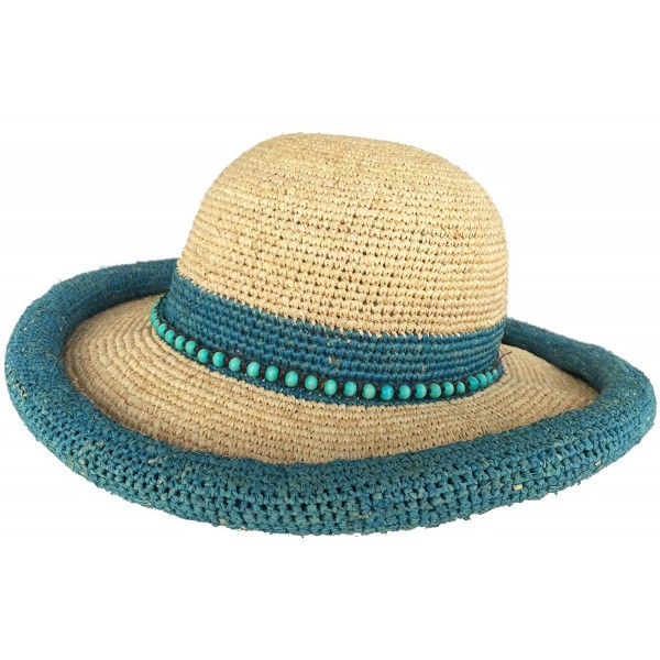 Headchange Women's Rolled Kettle Brim Crochet Raffia Straw Sun Hat - Turquoise - CD17Z5ZI53G