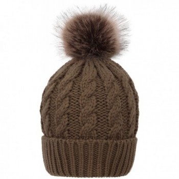 HelloAllyn Women's Cable Knit Faux Fur Pom Beanie - Olive Khaki - C91873H8QUI