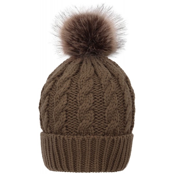 Women's Cable Knit Faux Fur Pom Beanie - Olive Khaki - C91873H8QUI