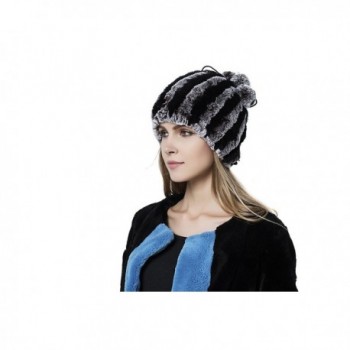 Zegeon Women's Rex Rabbit Fur Hat with Looped Top Casual Winter Knitted Hat - Black - C712NB5LY34