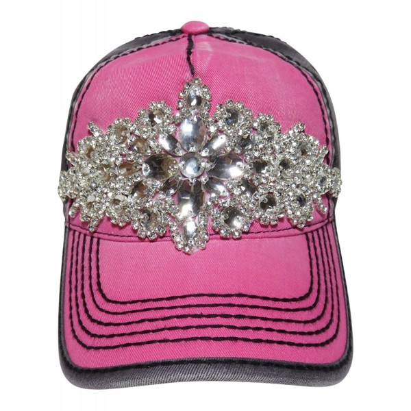 Rhinestone Large Motif Cotton Washed Look Baseball Cap Fashion - Pink/Grey - C112GJJZVDX