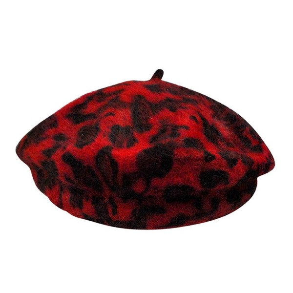 Women French Style Vintage Leopard Print Wool Soft Winter Warm Beret Beanie Hat - Red - C6186NDL5QR