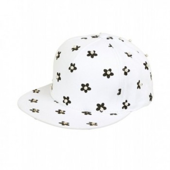 Funky Junque's Pearl and Rhinestone Studded Flower Print Snapback Flat Brim Hat - White - CB12EGVUPWN