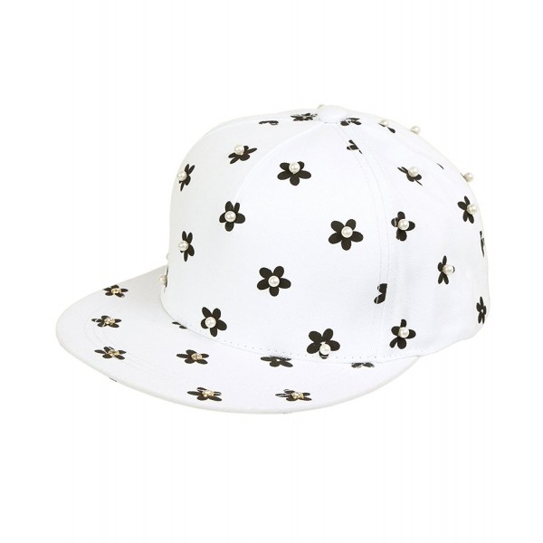 Funky Junque's Pearl and Rhinestone Studded Flower Print Snapback Flat Brim Hat - White - CB12EGVUPWN