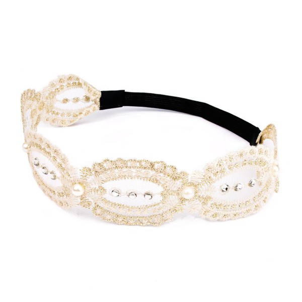 Lace Flower Headband - Beige Chrysanthemum with Gold Line and Pearl for Festival Wedding - Beige-02 - CP1887YIRMI