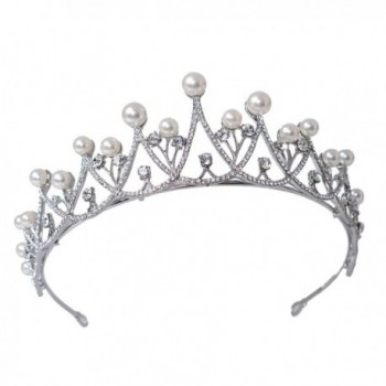 FF Pearl Wedding Tiara for Women Crystal Rhinestones Crown Silver Plated - CF12O3I645A