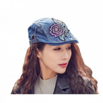 Nanxson(TM) Women's Embroidery Big Flower Flat Beret Denim Newsboy Hat Golf Driving Cap - 2 - C7182KSO9L7