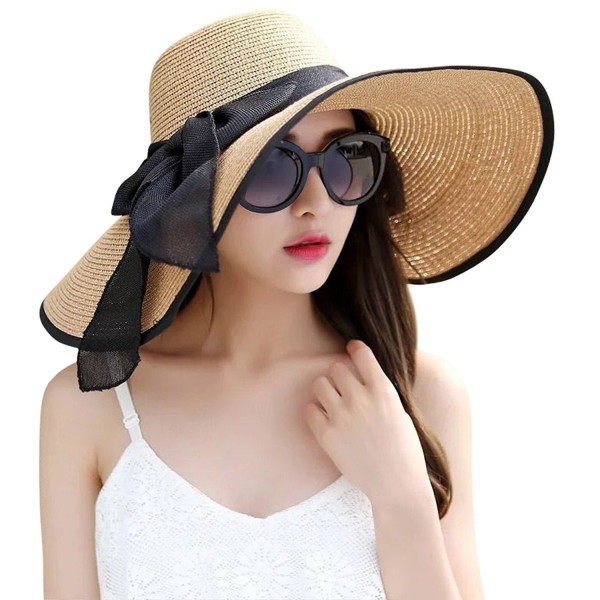 Lanzom Womens Big Bowknot Straw Hat Foldable Roll up Sun Hat Beach Cap UPF 50+ - Khaki - CE17YYYRYMO